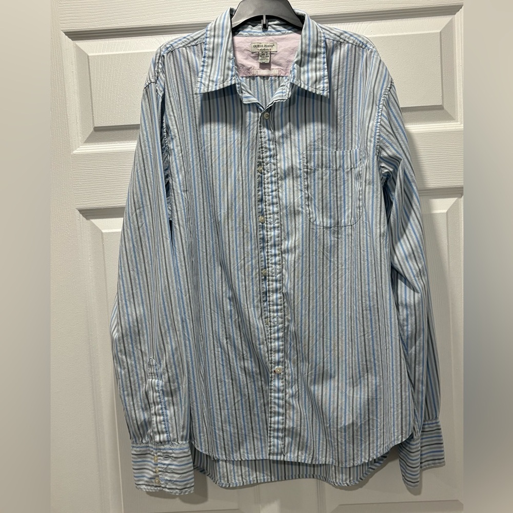 Vintage 90s Guess Jeans Sz XL USA‎ Snap Button Up White Blue Striped Cotton